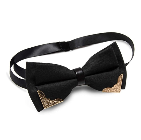 Mens Satin Metal Tipped Pre Tied Bow tie Black - Picture 3 of 4